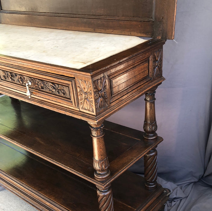 FRENCH OAK TIERED SERVER WITH LIFT TOPAND  MARBLE INSERT