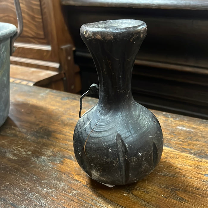 SMALL BLACK WOODEN VASE WITH HANDLE - AS IS