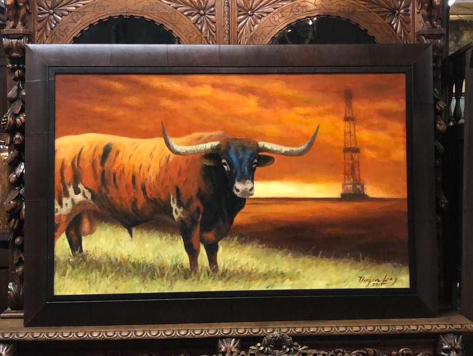 DARGAN LONG LONGHORN COW PAINTING WITH OIL DERRICK