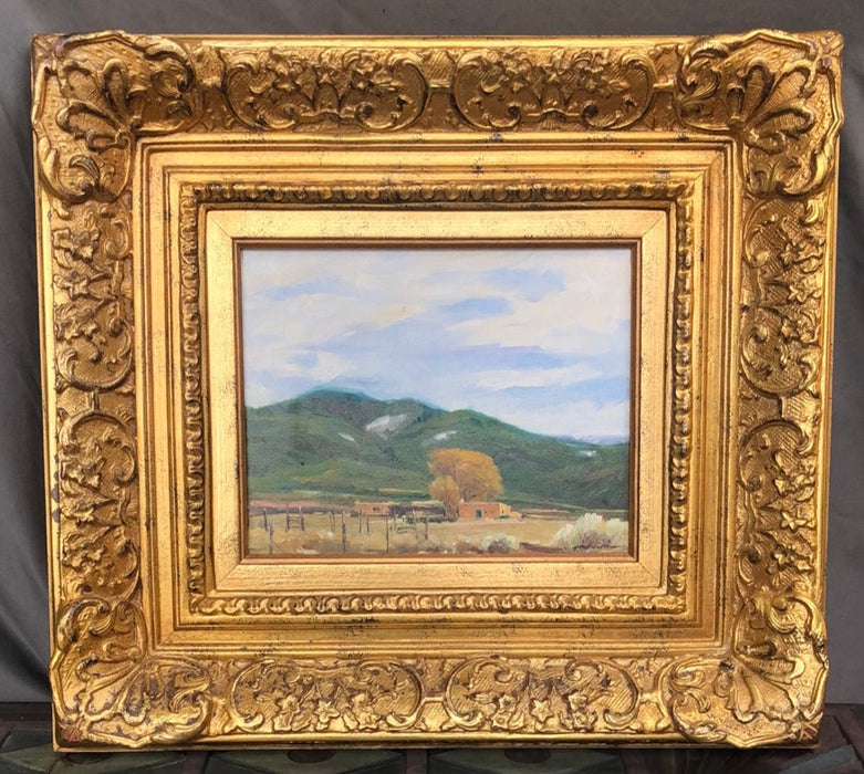 SMALL NICELY FRAMED NEW MEXICO PUEBLO SCENE OIL PAINTING SIGNED JOHN AUSTIN HANNA