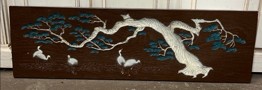 VINTAGE CAST COMPOSITION ASIAN PLAQUE OF EGRETS AND TREE