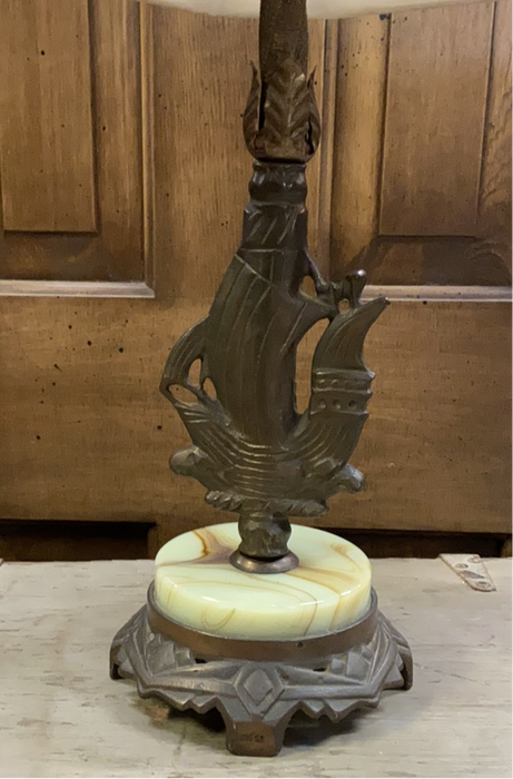 BRASS ART DECO SHIP LAMP WITH GREEN ALABASTER BASE