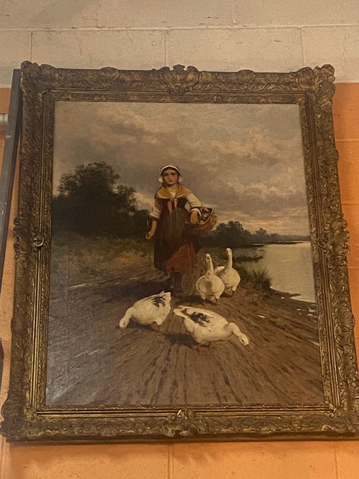 LARGE OIL PAINTING ON CANVAS OF YOUNG GIRL WITH GAGGLE OF GEESE