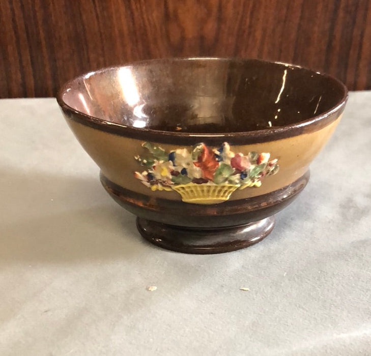 SMALL COPPER LUSTER FOOTED BOWL WITH FLOWERS