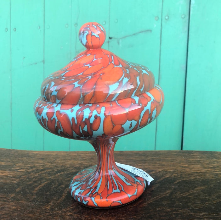 ART GLASS ORANGE AND TURQUOISE LIDDED COMPOTE