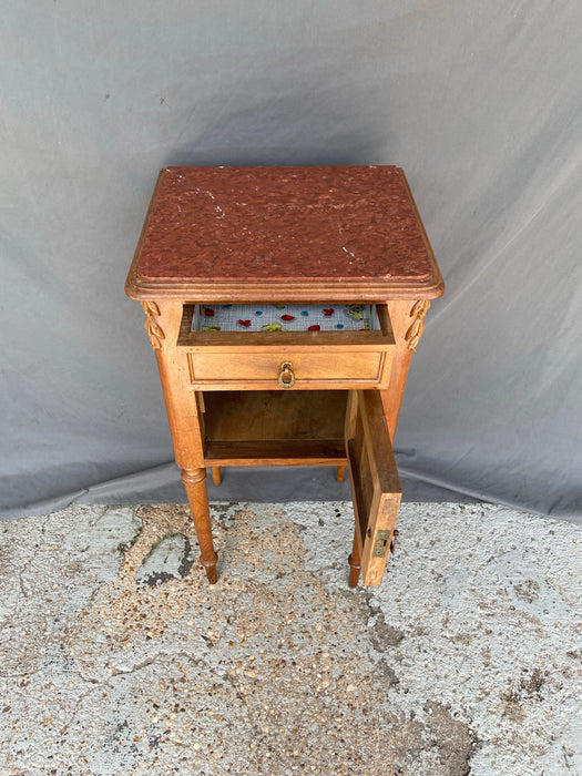 LOUIS XVI MARBLE TOP WALNUT SMALL CABINET WITH BELLFLOWER ACCENTS