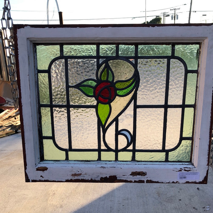 STAINED GLASS WINDOW WITH RED ROSE AND GREEN BORDER