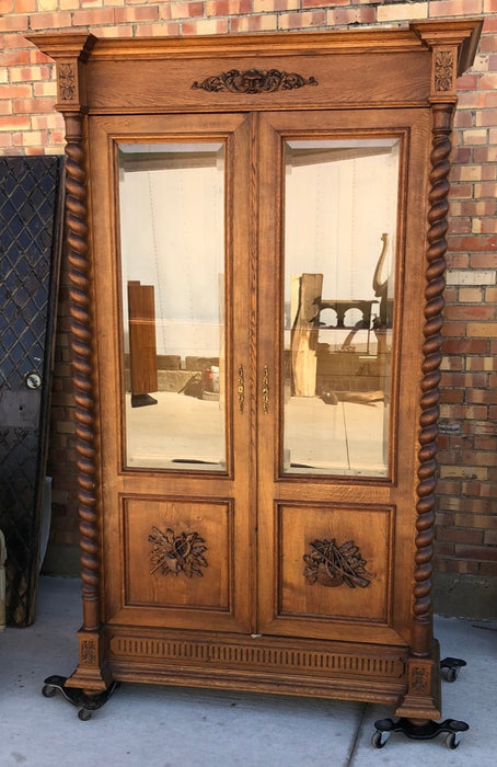 GREEN MAN LOUIS XIII BEVELED GLASS OAK BOOKCASE