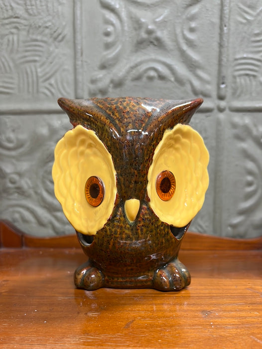 GLAZED POTTERY OWL TEALIGHT CANDLE HOLDER