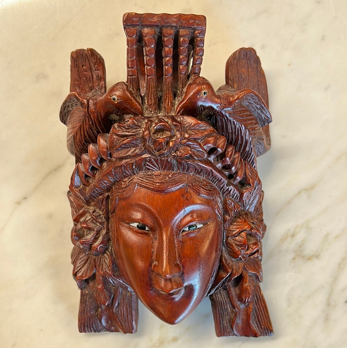 SMALL ASIAN CARVED WOOD LADY'S FACE WITH BIRDS