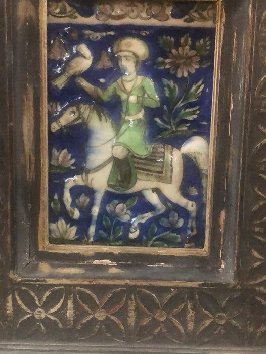 FRAMED COLORFUL PERSIAN TILE OF MAN ON HORSE