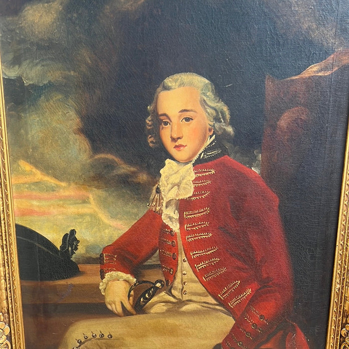 FRAMED OIL PAINTING OF AN 19TH CENTURY YOUNG MAN IN RED COAT-SIGNED PENER