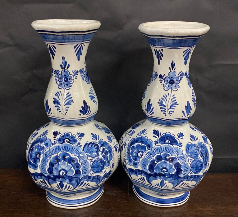 PAIR OF BULBOUS FLORAL DELFT VASES