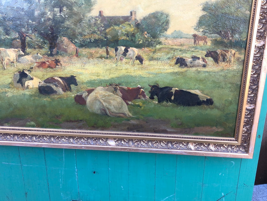 LARGE GOLD FRAMED IMPRESSSIONIST COWS PAINTING