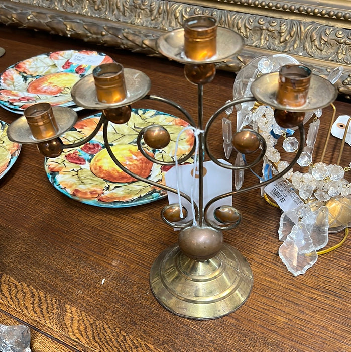 SMALL COPPER AND BRASS CANDLEABRA WITH SPHERES