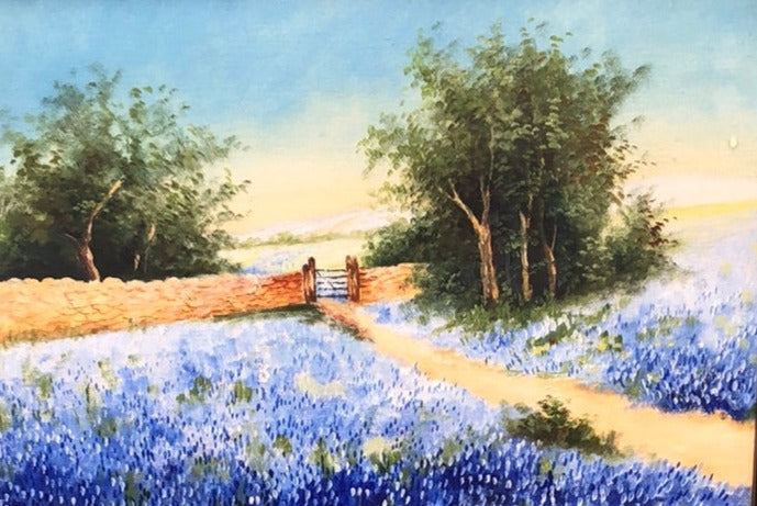 SMALL UNSIGNED BLUEBONNETS AND A FENCE OIL PAINTING UNSIGNED