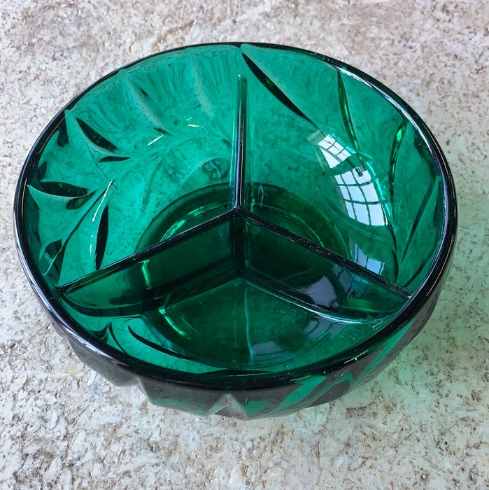 EMERALD GREEN GLASS 3 COMPARTMENT BOWL