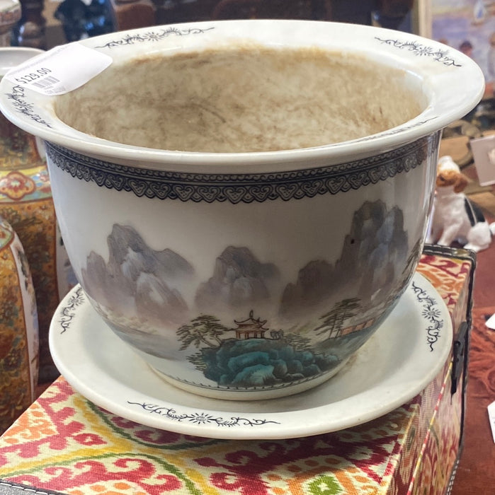 CHINESE PLANTER POT AND SAUCER WITH LANDSCAPE DESIGN