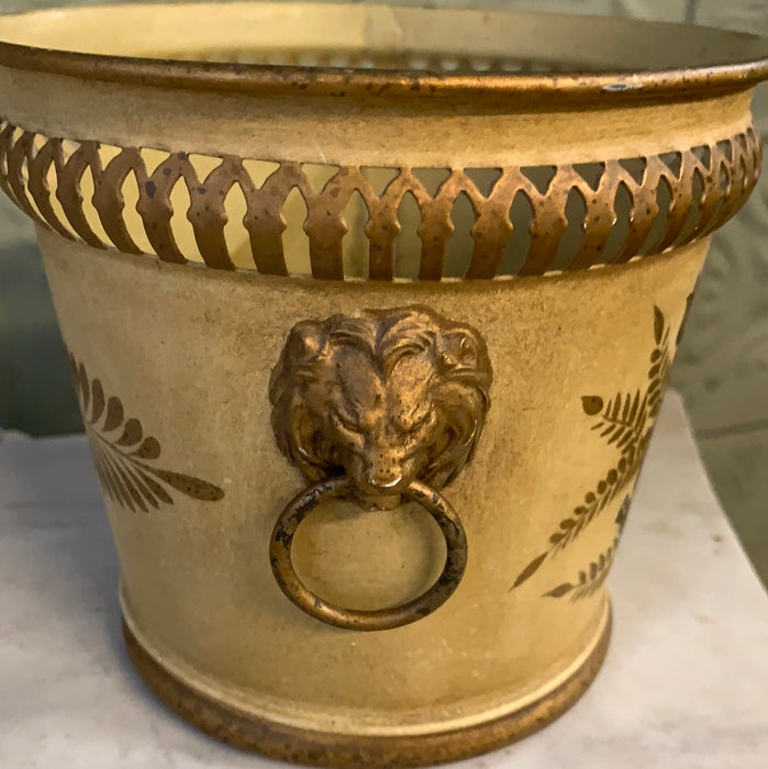 SMALL GOLDEN YELLOW FRENCH TOLE PLANTER WITH LION HEADS