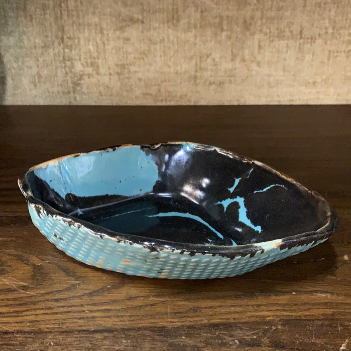 AQUA AND BLACK GLAZED POTTERY CATCH ALL DISH