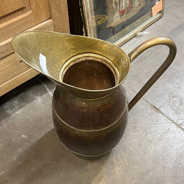 LARGE OAK BARREL AND BRASS PITCHER UMBRELLA HOLDER