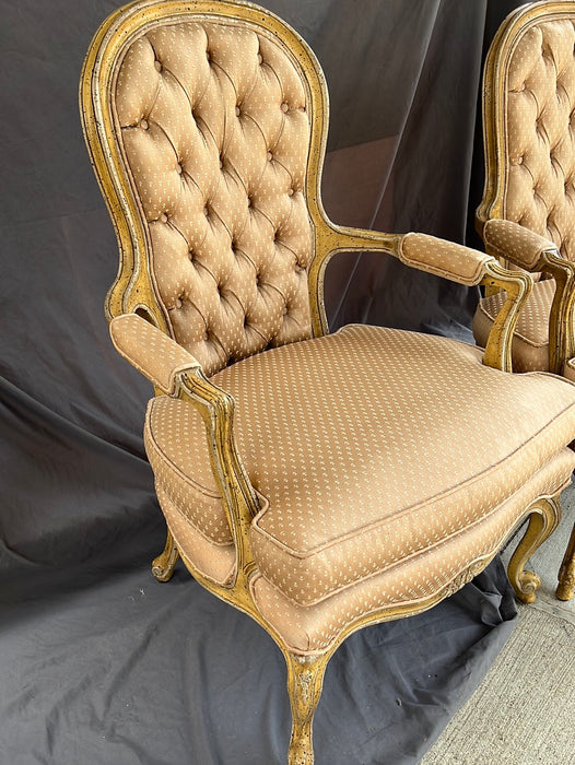 PAIR OF FRENCH FAUTEUIL CHAIRS WITH GOLD FABRIC