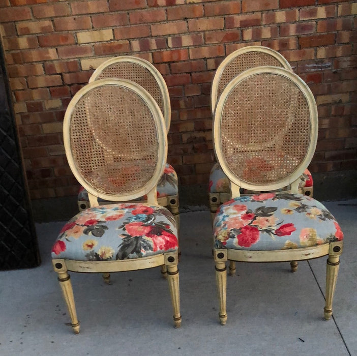 SET OF PAINTED CANE BACK CHAIRS AS FOUND