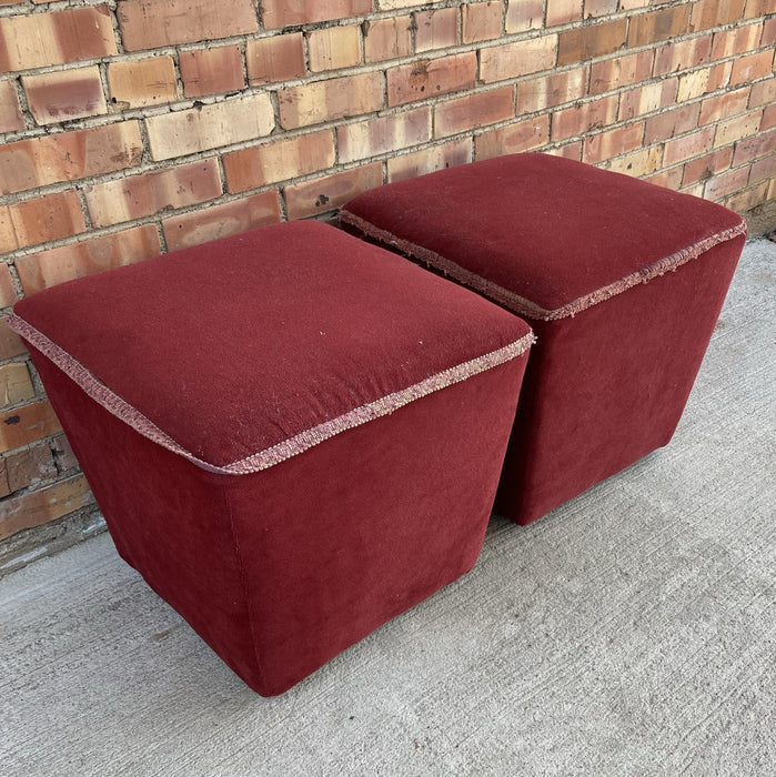 PAIR OF RED TAPERED UPHOLSTERED OTTOMANS