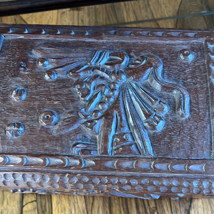 CARVED MAHOGANY BOX WITH INDIGINOUS PEOPLES