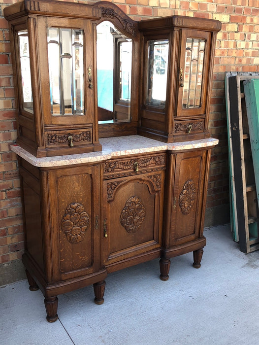 DECO FRUIT CARVED OAK MARBLE TOP CHINA BUFFET