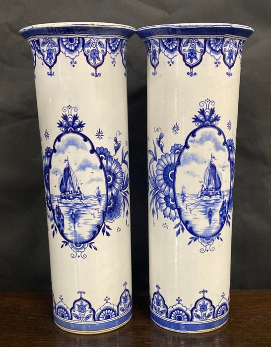 PAIR OF TALL CYLINDER VASES WITH SAILBOAT