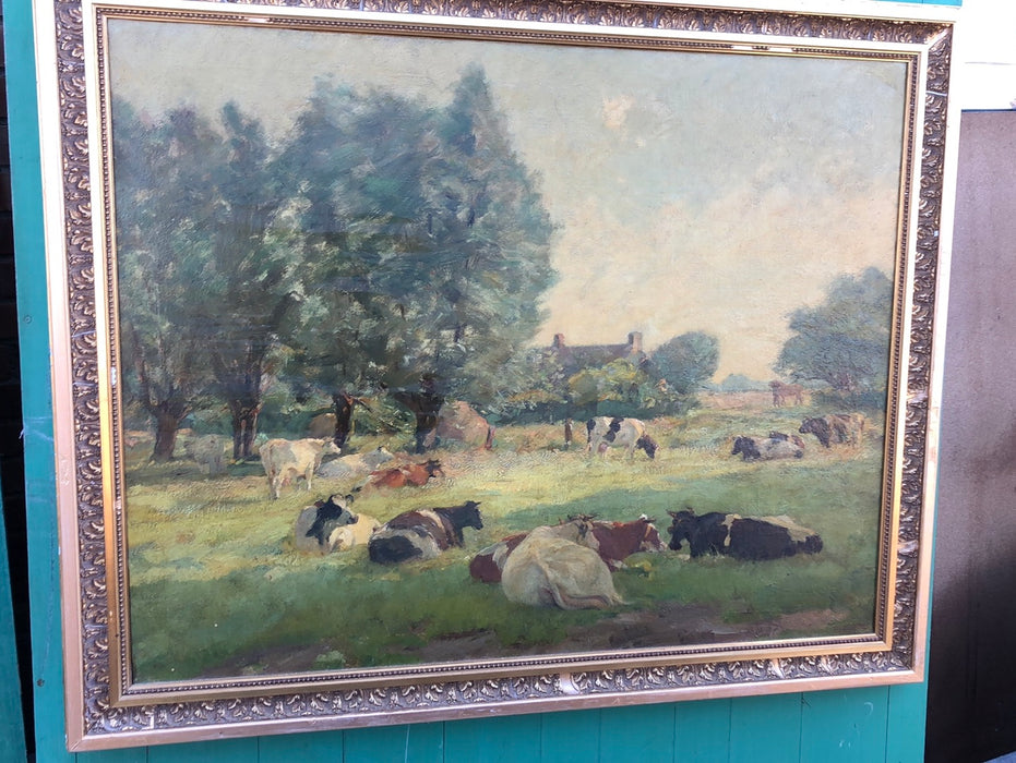 LARGE GOLD FRAMED IMPRESSSIONIST COWS PAINTING