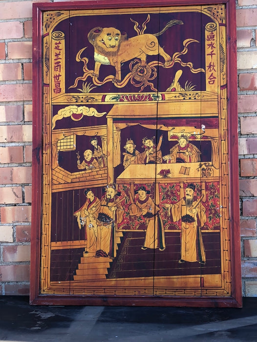 RED AND GOLD ASIAN PANEL WITH PEOPLE AND FOO DOG - EACH
