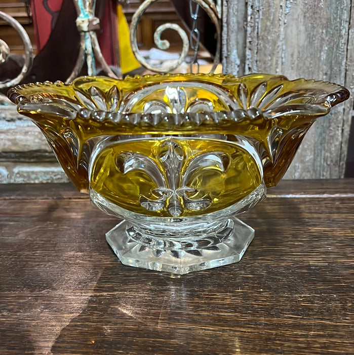 GOLD AND CLEAR PRESSED GLASS COMPOTE WITH FLEUR DI LIS