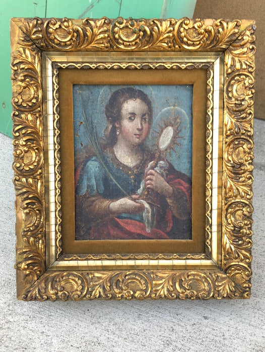 SMALL FEMALE SAINT OIL PAINTING HOLDING A MONSTRONCE ON CANVAS IN GILT FRAME