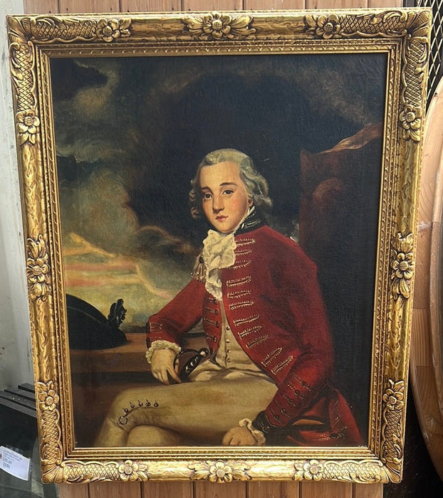 FRAMED OIL PAINTING OF AN 19TH CENTURY YOUNG MAN IN RED COAT-SIGNED PENER