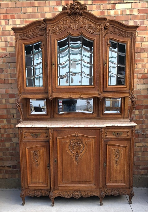 MARBLE TOP CARVED LOUIS XV LEADED AND BEVELED GLASS ROCOCO OAK BUFFET