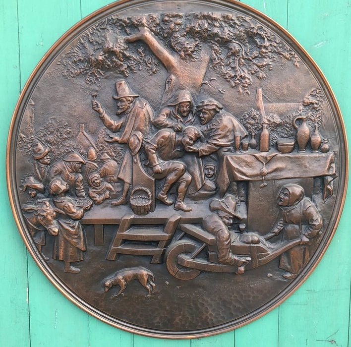 LARGE COPPER RELIEF PLAQUE WITH PEOPLE AND A DOG