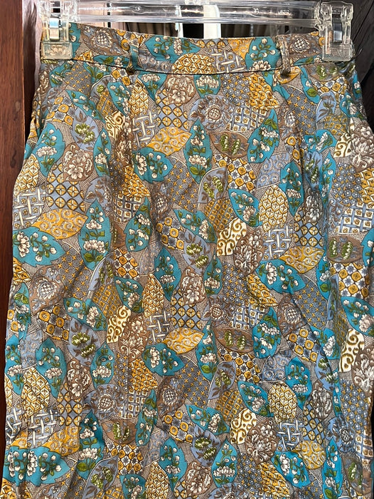 BLUE GREEN AND YELLOW PRINTED PENCIL SKIRT
