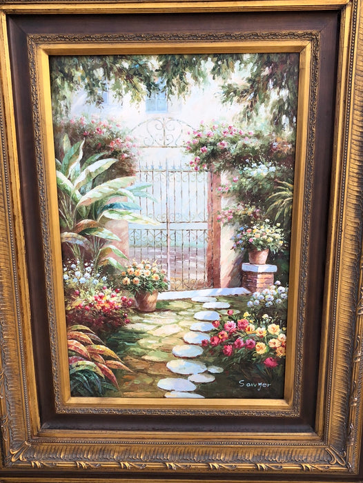 LARGE GOLD AND BLACK FRAME WITH OIL PAINTING OF GARDEN