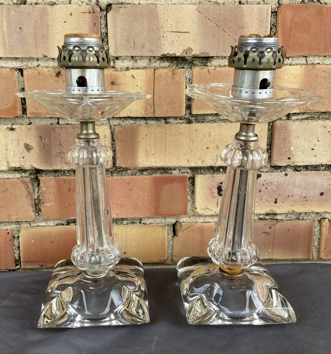 PAIR OF SMALL 1930'S GLASS LAMPS - MISSING PRISMS