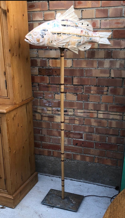 CANE POLE FLOOR LAMP WITH FISH SHADE