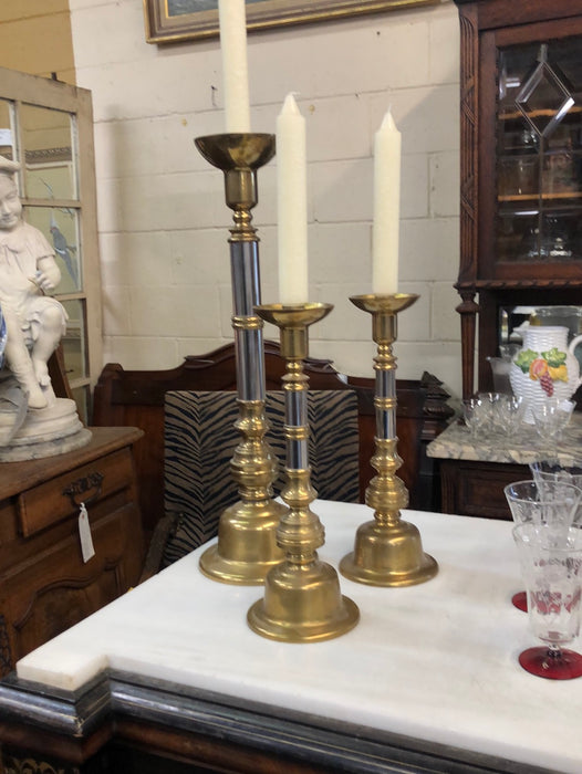 SET OF 3 LARGE BRASS AND SILVER CANDLE STANDS