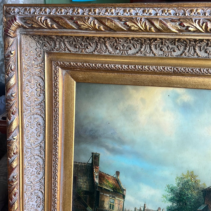 CITYSCAPE OIL PAINTING ON BOARD IN GOLD FRAME - NOT OLD