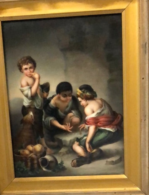 GOLD FRAMED PORCELAIN PLAQUE WITH 3 CHILDREN