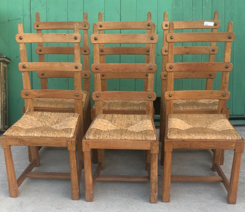 SET OF 6 OAK LADDER BACK CHAIRS WITH NAIL HEADS