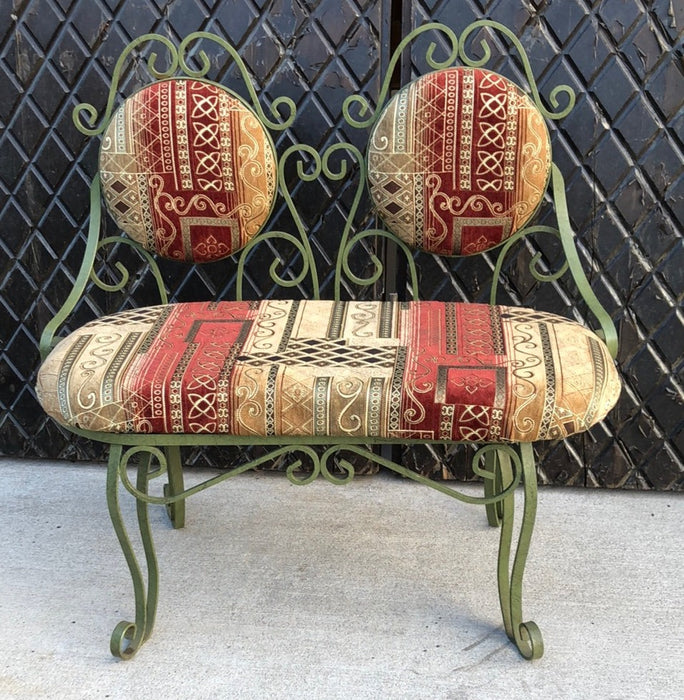 SMALL UPHOLSTERED GREEN IRON BENCH