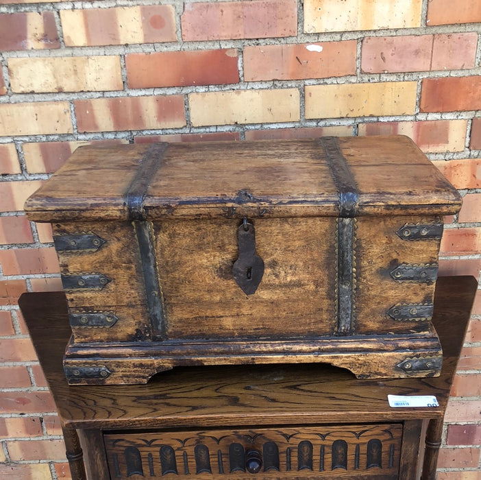 METAL BANDED MAHOGANY BOX
