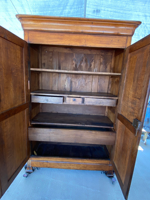 EARLY OAK FRENCH ARMOIRE WITH GREAT BRASS HINGES