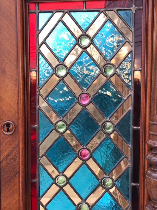 STAINED GLASS WALNUT HUNT CABINET WITH RONDELLS